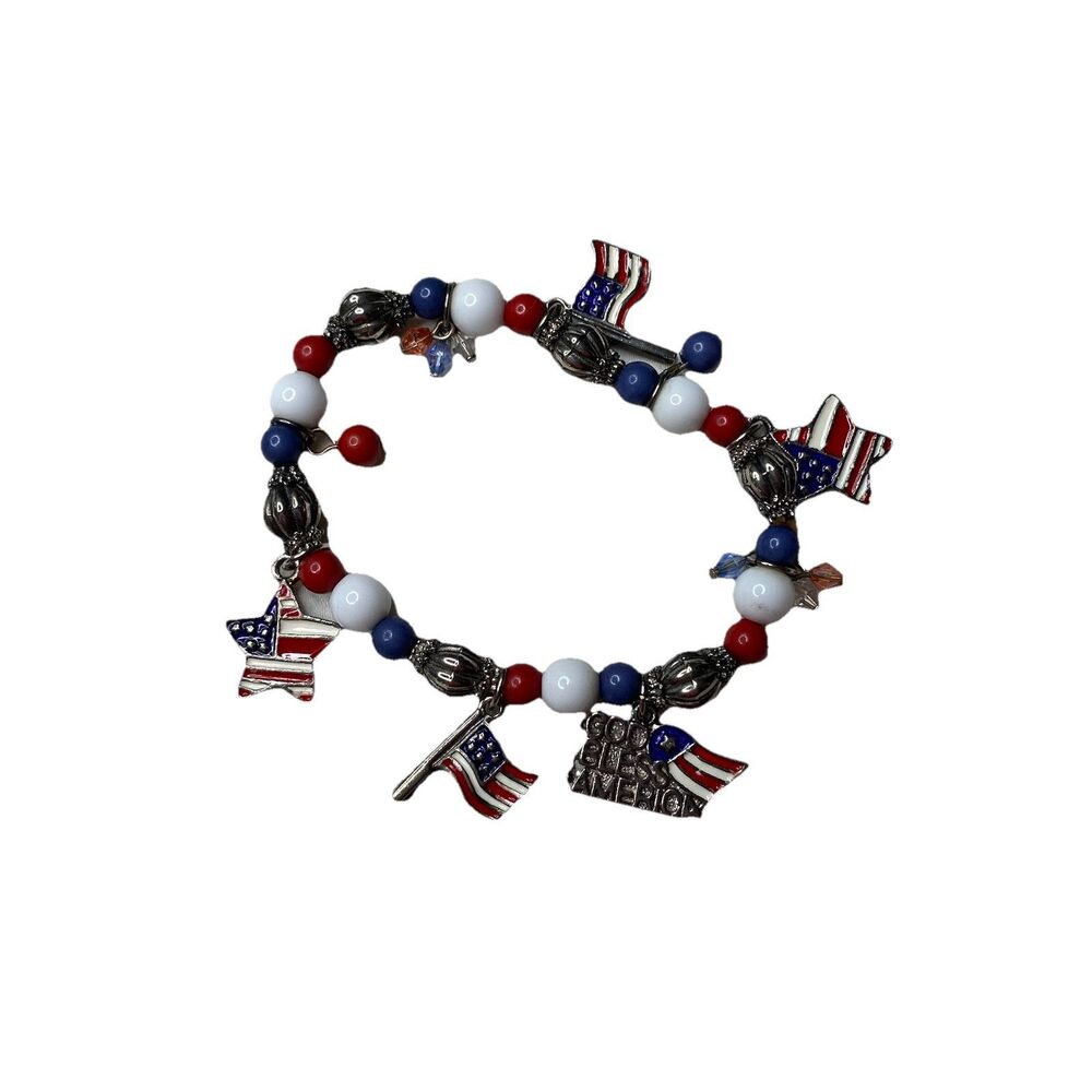 Vintage Patriotic Stretch Charm Bracelet Red White Blue Stars & Stripes Flags